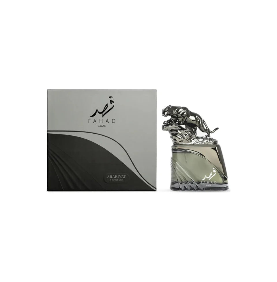 Arabiyat Prestige Fahad Gaze Eau De Parfum for men in a 100ml bottle, featuring a sleek design and elegant fragrance.