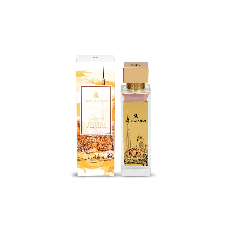 Swiss Arabian Opulence of Dubai Extrait de Parfum 100ml for men and women, elegant fragrance bottle with luxurious design.