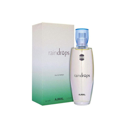 Ajmal Raindrops Eau De Parfum for Women 50ml bottle, elegant glass perfume with floral and fresh scent accents.