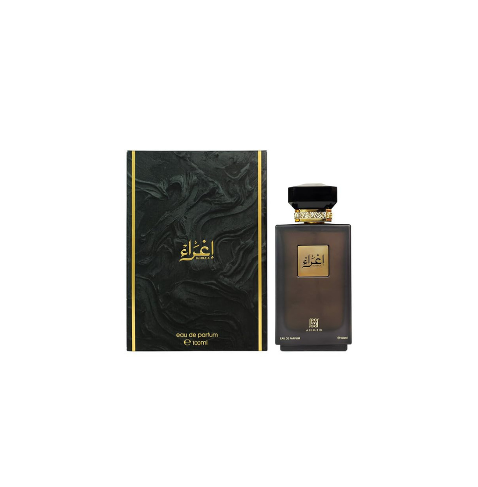 Ahmed Al Maghribi Ighraa Eau de Parfum 100ml for men, featuring the elegant bottle and luxurious fragrance design.