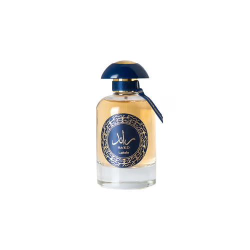 Lattafa Ra'ed Luxe Gold perfume bottle for men and women, 100ml, elegant gold design, luxury fragrance, stylish perfume packaging