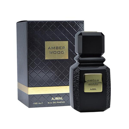Amber Wood EDP perfume by Ajmal in a 100ml bottle, featuring warm amber and woody fragrance notes.
