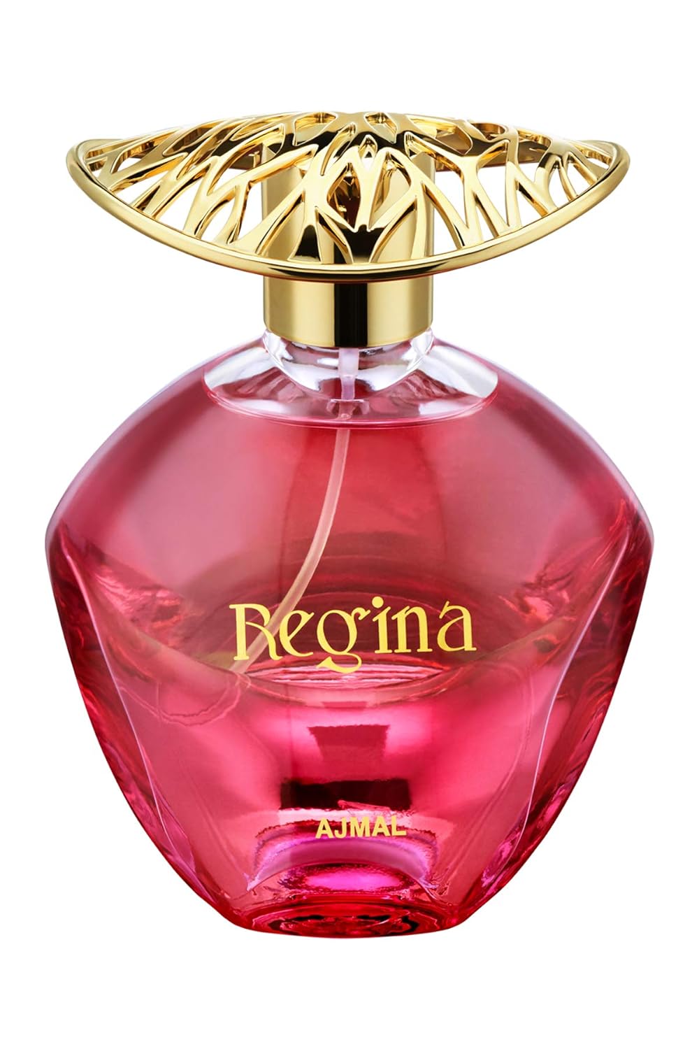 The AJMAL REGINA POUR FEMME Eau de Parfum 100ml for women comes in a pink glass bottle with a decorative gold cap featuring intricate openwork, reflecting sophistication and elegance for the modern woman.