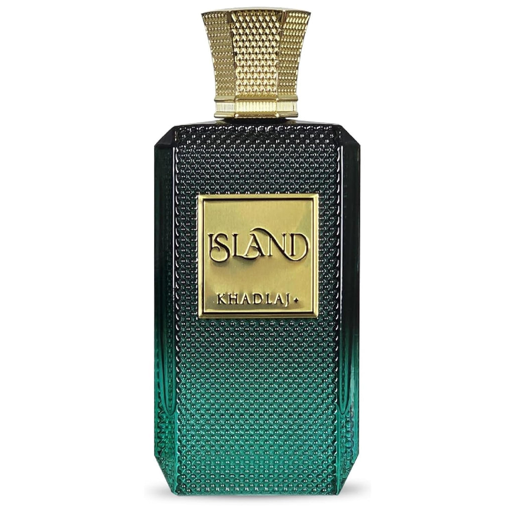 Khadlaj Island Extrait De Parfum 100ml bottle for men and women, elegant glass perfume bottle with a sleek design.