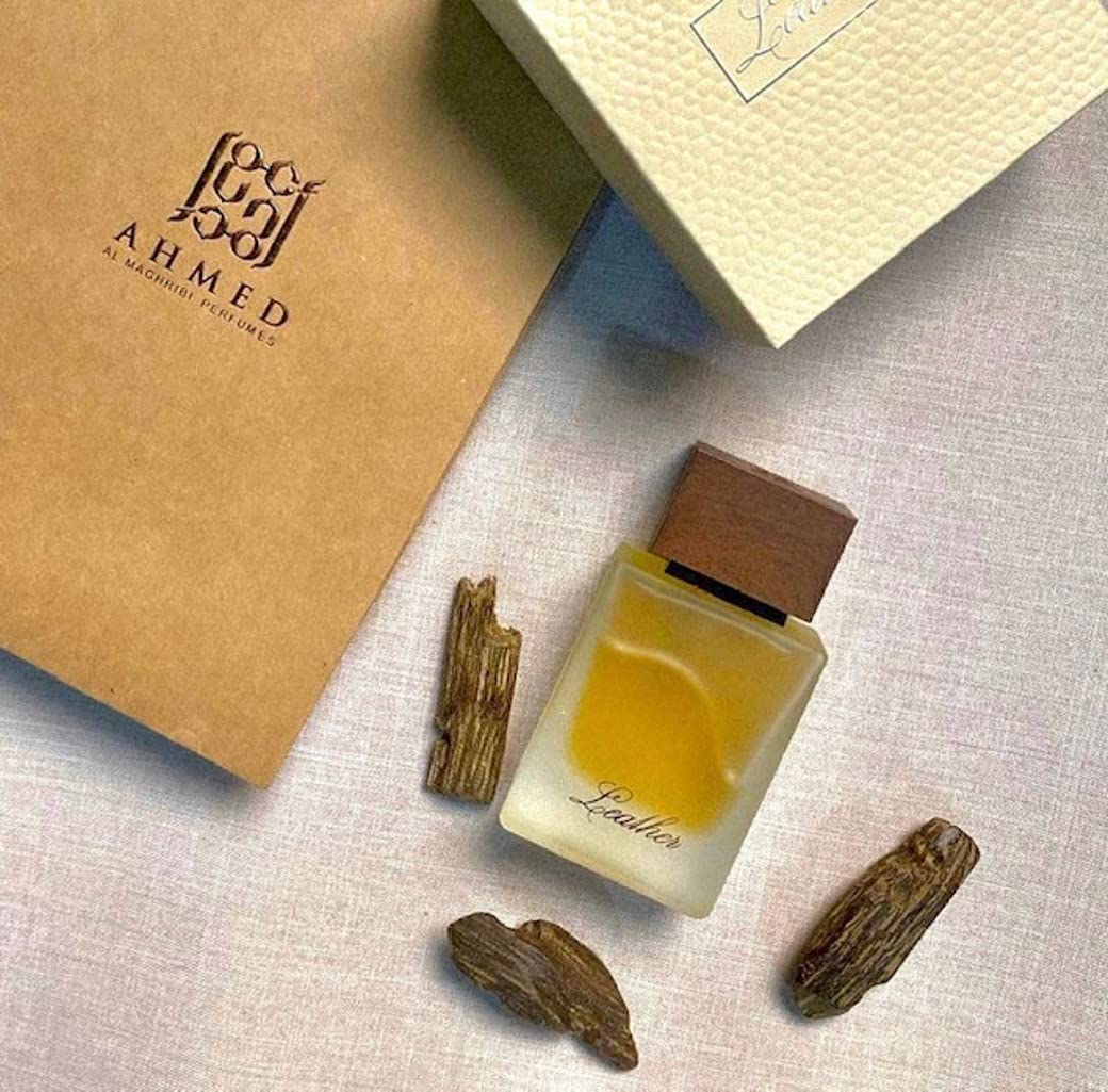 Leather by Ahmed Al Maghribi Eau de Parfum 50ml bottle with elegant black packaging, designed for both men and women.