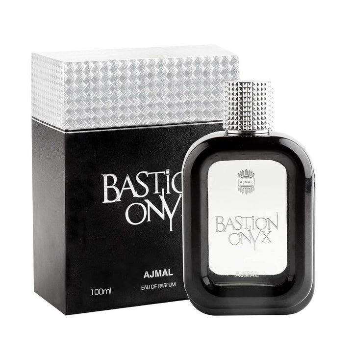 Ajmal Bastion Onyx Eau De Parfum for Men, 100ML bottle with sleek black design and silver accents.