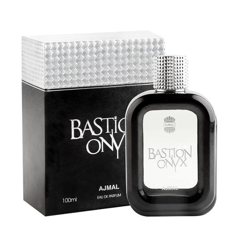 Ajmal Bastion Onyx Eau De Parfum for Men, 100ML bottle with sleek black design and silver accents.