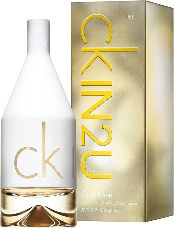 Calvin Klein In2U women’s Eau de Toilette bottle with sleek, modern design and clear glass showing the fragrance inside.