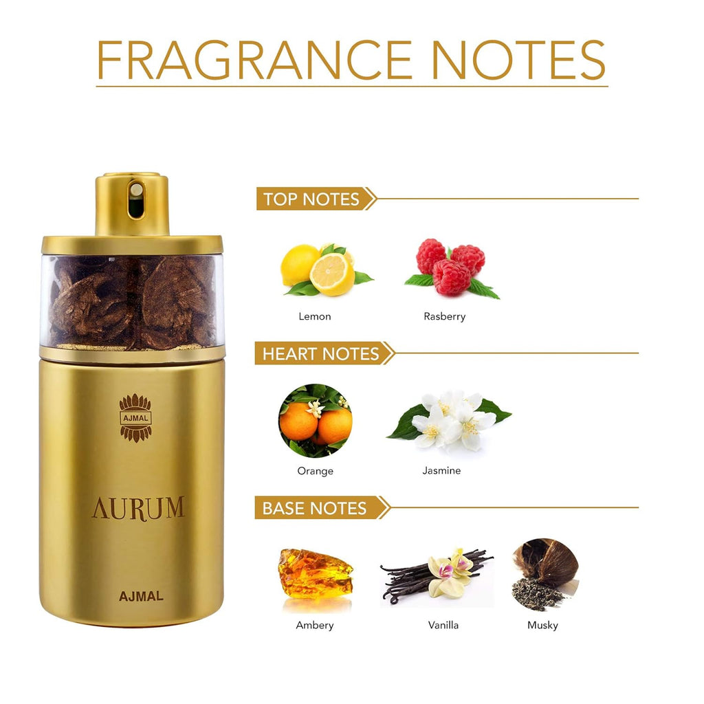 Ajmal Aurum Eau de Parfum for women, elegant glass bottle with floral and citrus scent notes, luxury fragrance display