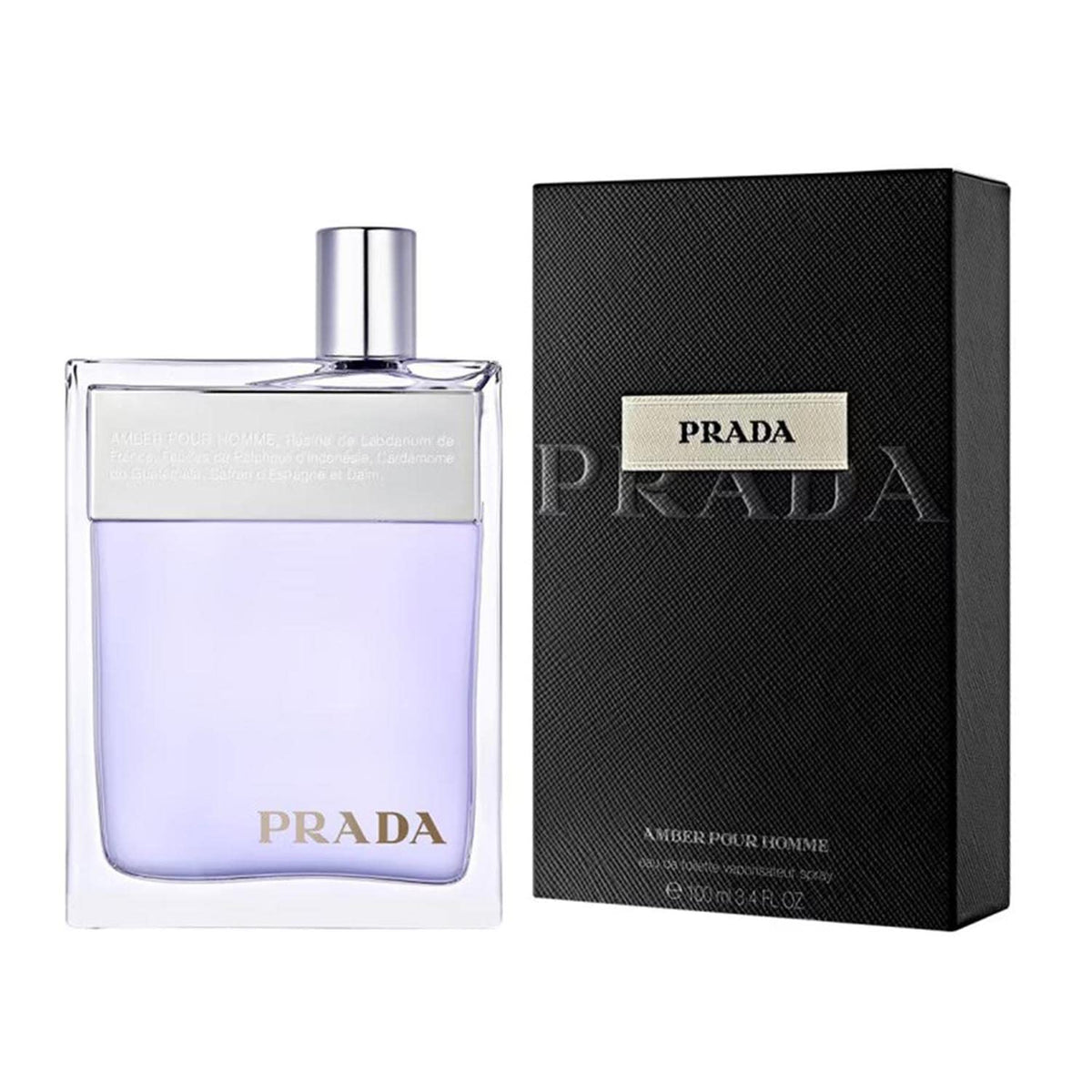 Prada Amber Pour Homme Eau De Toilette 100ml perfume bottle with sleek design, displayed against a neutral background.
