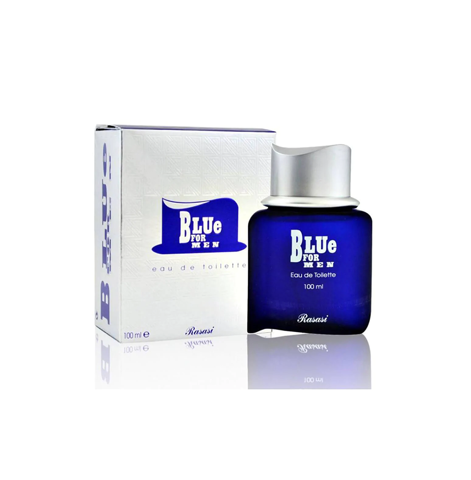 Rasasi Blue For Men Eau De Toilette 100ml bottle with sleek blue packaging and silver accents, displayed on a white background.