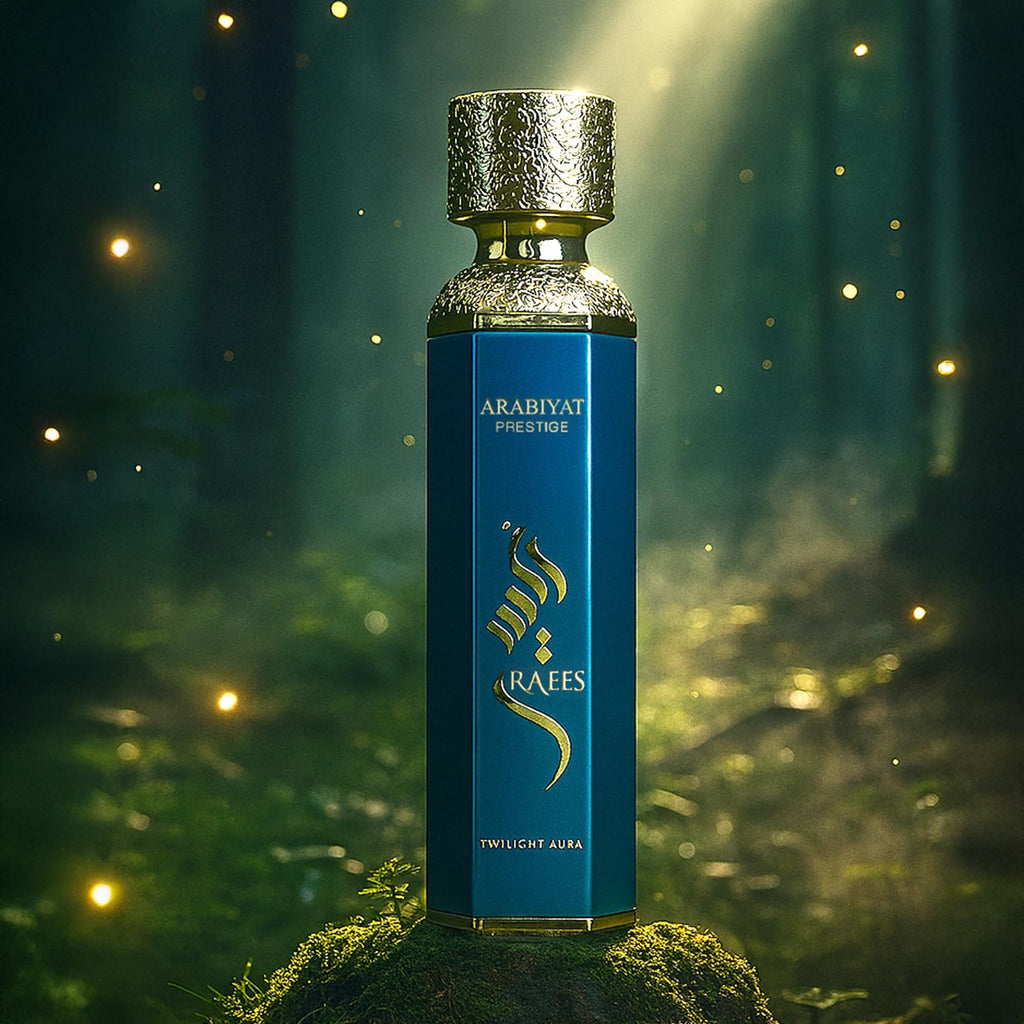 Arabiyat Prestige Raees Twilight Aura Eau de Parfum 180ml bottle for men and women, elegant glass fragrance with a twilight-inspired design