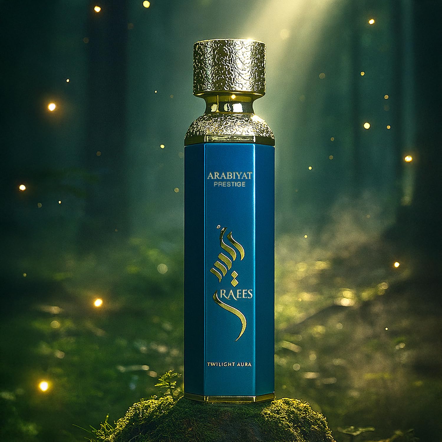Arabiyat Prestige Raees Twilight Aura Eau de Parfum 180ml bottle for men and women, elegant glass fragrance with a twilight-inspired design