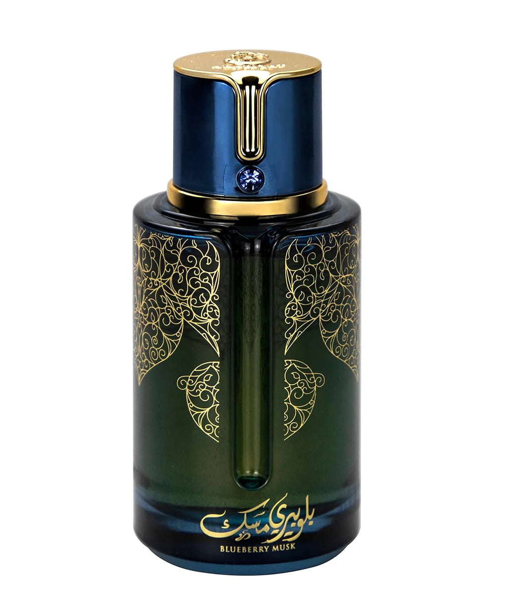 Arabiyat Prestige Blueberry Musk Eau De Parfum 100ml bottle for men and women, featuring a sleek design and blue accents.