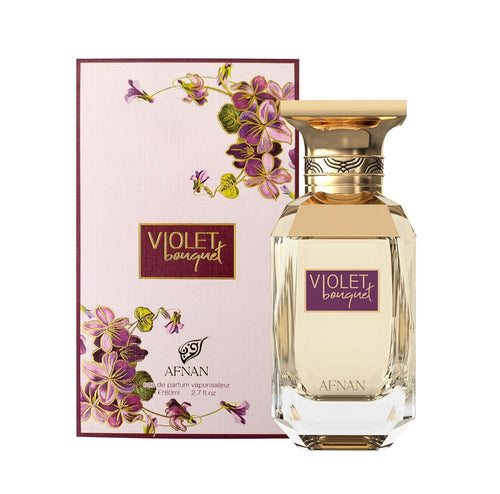 Afnan Violet Bouquet Eau De Parfum for women, 80ml bottle with a floral violet-themed design.