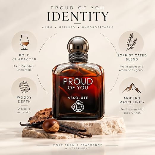 Fragrance World Proud of You men's parfum bottle, 100ml, with sleek packaging and elegant design.