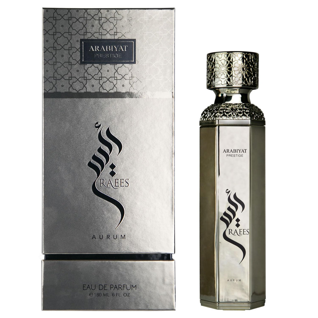 Arabiyat Prestige Raees Aurum Eau de Parfum 180ml for men and women, featuring elegant gold and black bottle design.