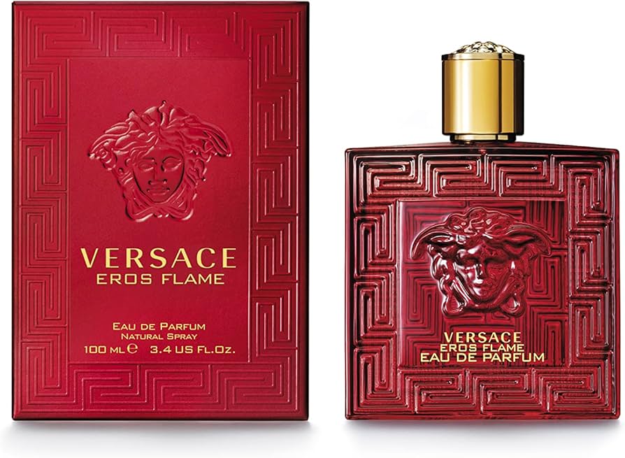 Versace Eros Flame Eau De Parfum 100ml for men, featuring the iconic perfume bottle with a fiery red design.