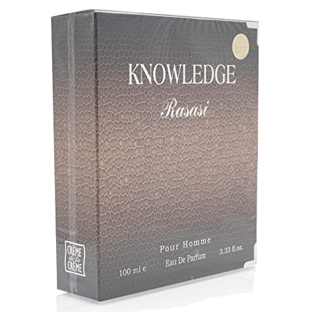 Rasasi Knowledge Pour Homme EDP 100ml perfume bottle for men with sleek design and clear labeling.