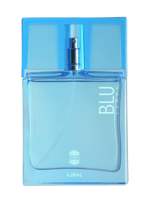 Ajmal Blu Femme Eau de Parfum for women, featuring a sleek blue bottle with elegant design and floral accents.