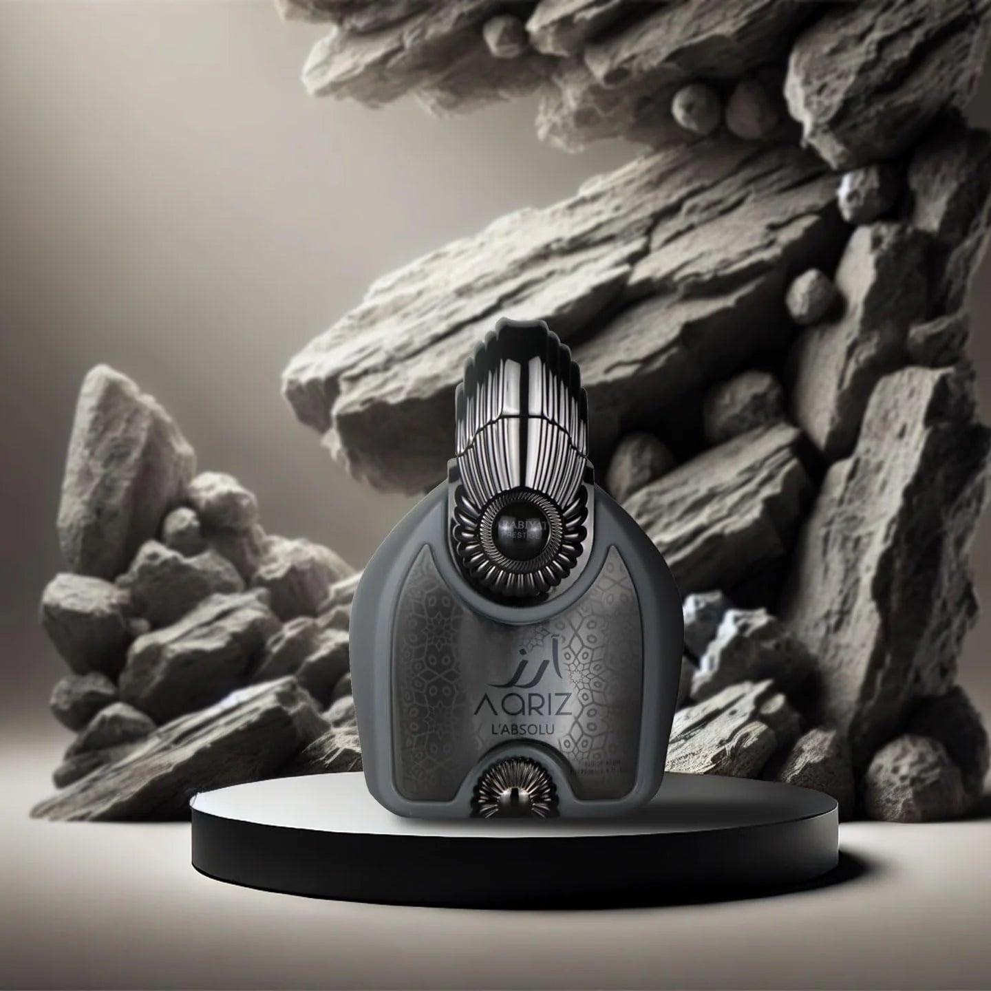 Arabiyat Prestige Aariz L'Absolu Eau De Parfum 100ml for men, featuring a sleek bottle design with elegant branding.