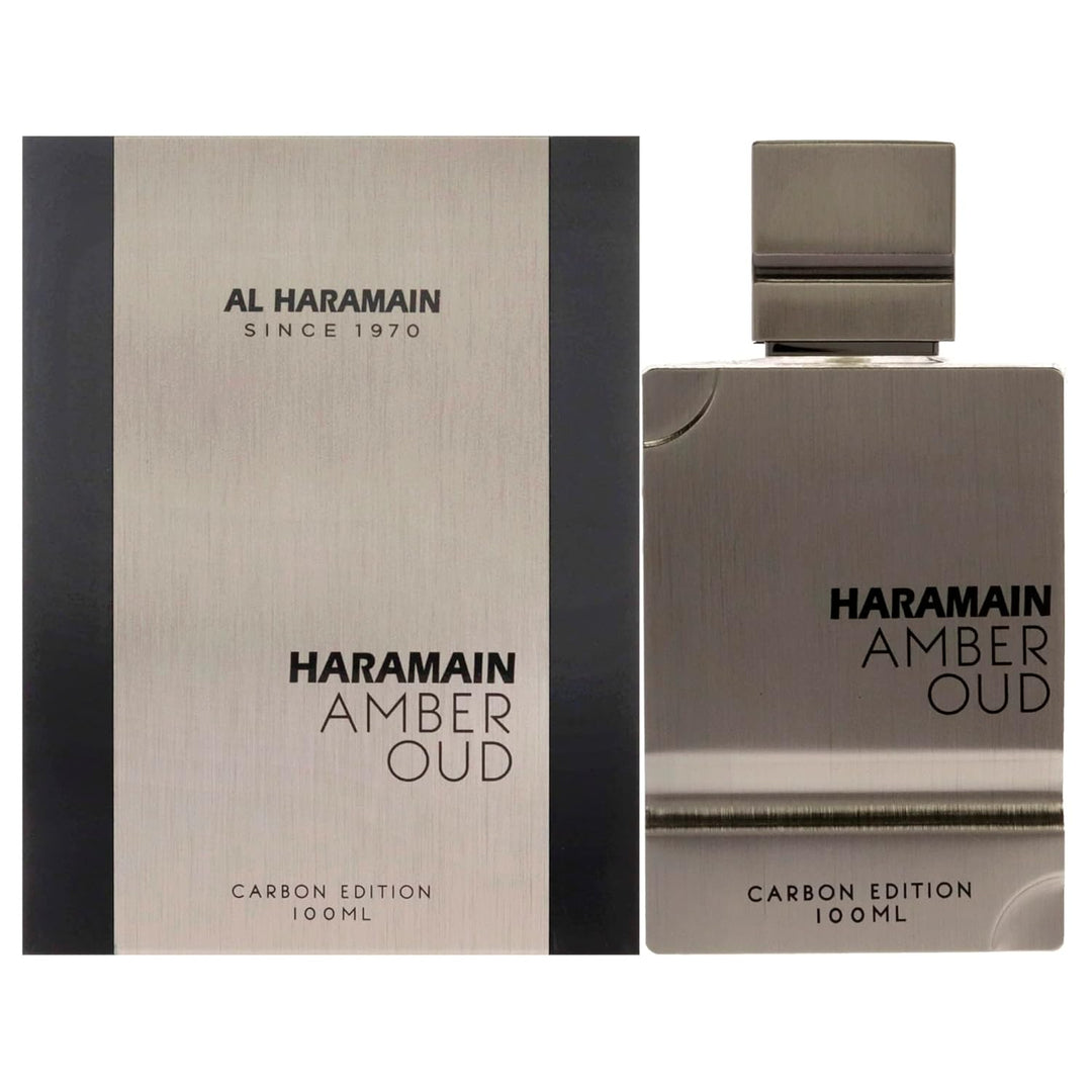 Al Haramain Amber Oud Carbon Edition Eau de Parfum 100ml bottle for men and women, with amber and oud fragrance details visible.