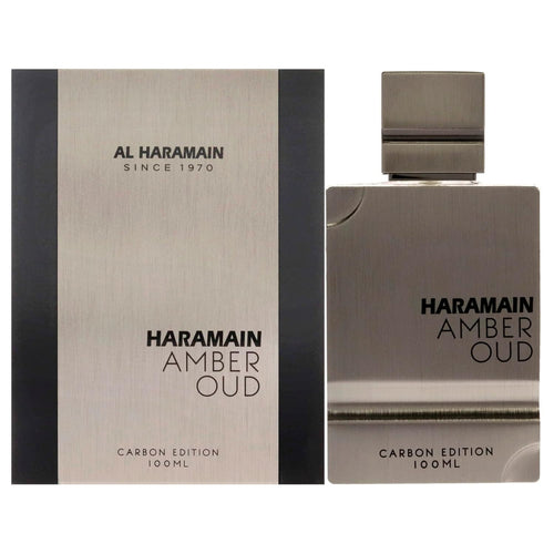 Al Haramain Amber Oud Carbon Edition Eau de Parfum 100ml bottle for men and women, with amber and oud fragrance details visible.