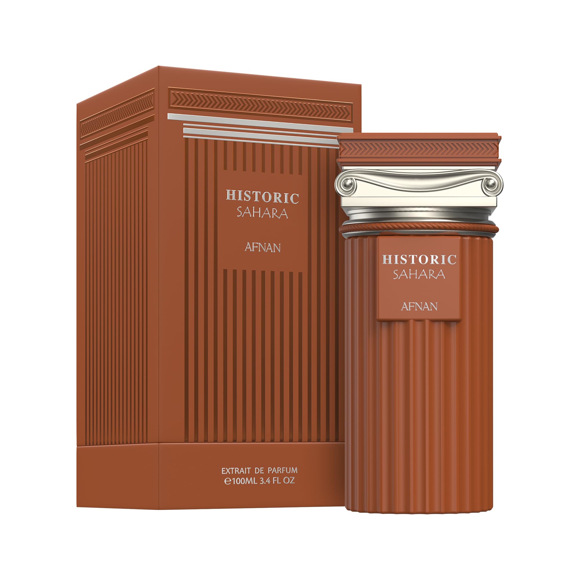 Afnan Historic Sahara Extrait De Parfum 100ml bottle for men and women, elegant design with clear glass and gold accents.