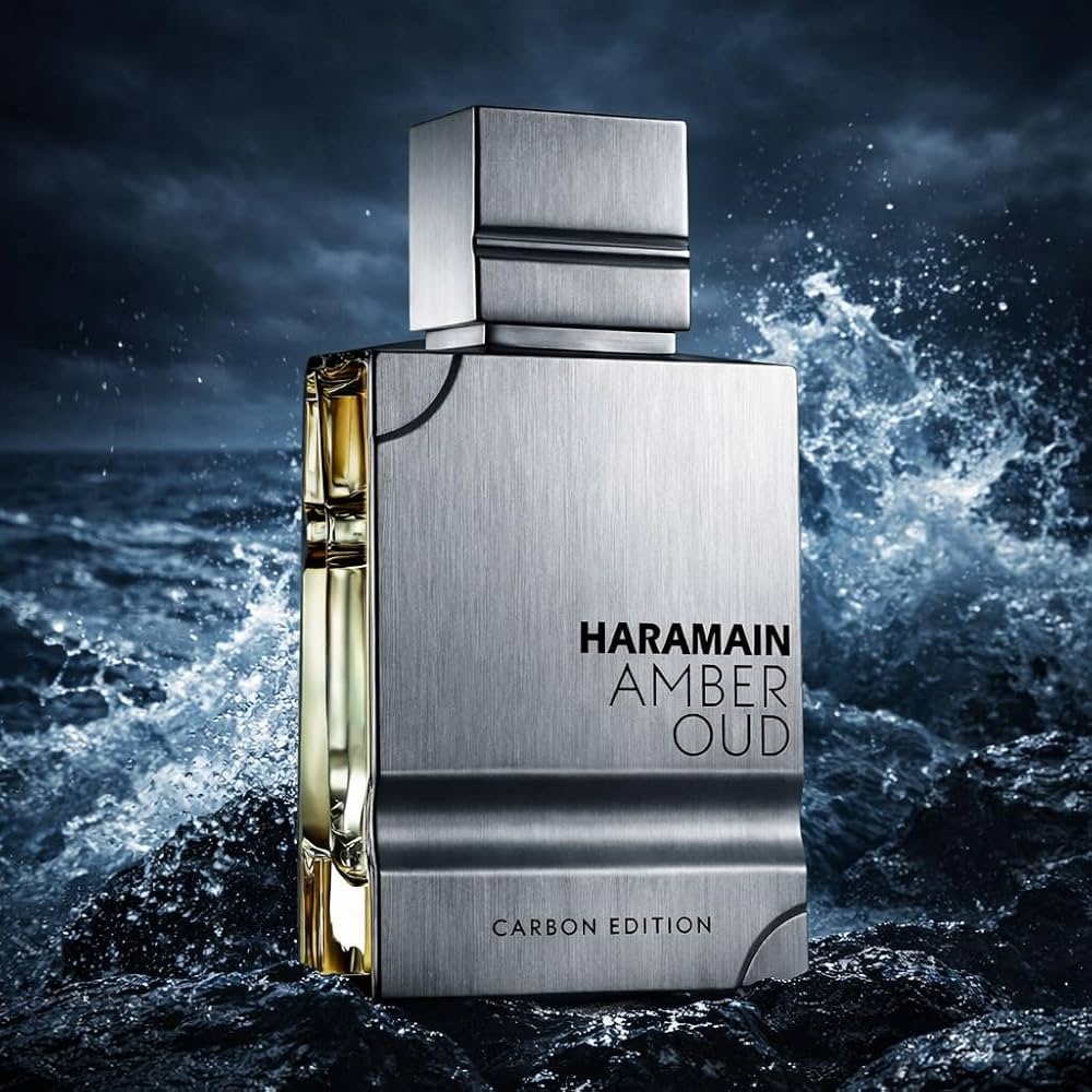Al Haramain Amber Oud Carbon Edition Eau de Parfum 60ml for men and women, featuring amber and oud notes in a sleek bottle.