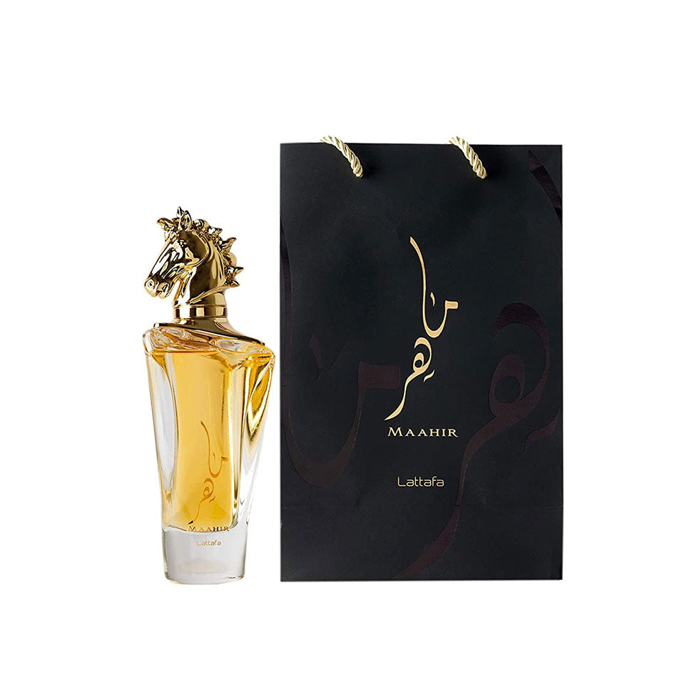 Lattafa Maahir Eau De Parfum 100ml bottle for men and women with elegant packaging and sleek design.
