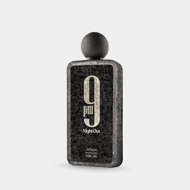 Afnan 9pm Night Out Eau De Parfum 100ml bottle, unisex fragrance with sleek black packaging and elegant design.