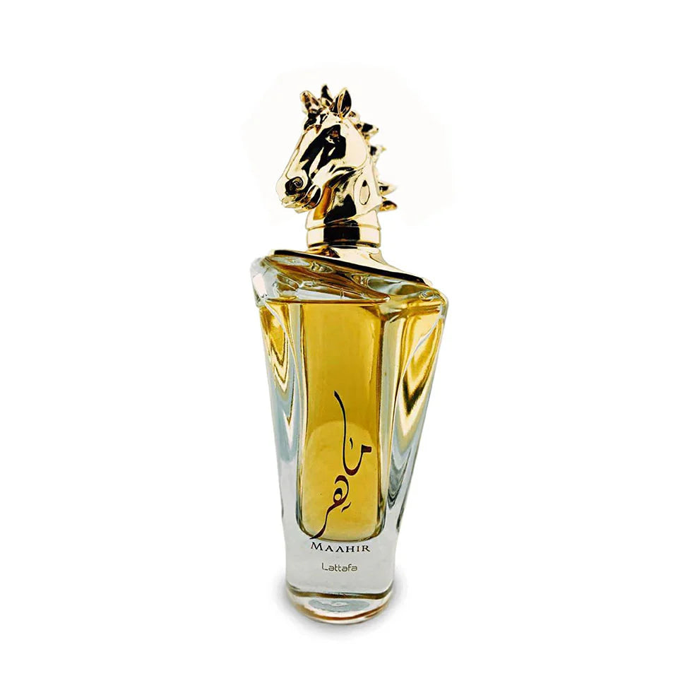 Lattafa Maahir Eau De Parfum 100ml for men and women, elegant glass bottle with fragrance details visible.