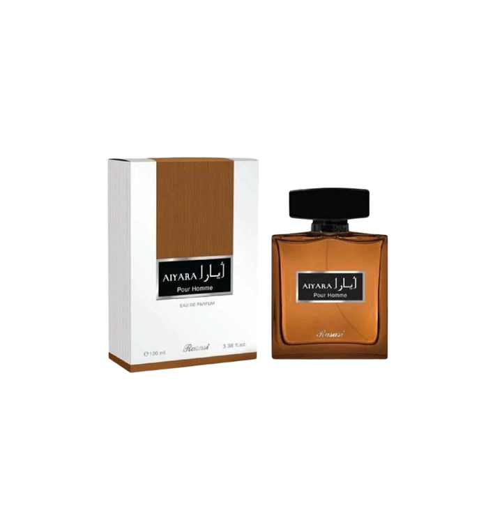 Rasasi Aiyara Pour Homme Eau De Parfum 100ml bottle, masculine fragrance with sleek design and clear label, for men.