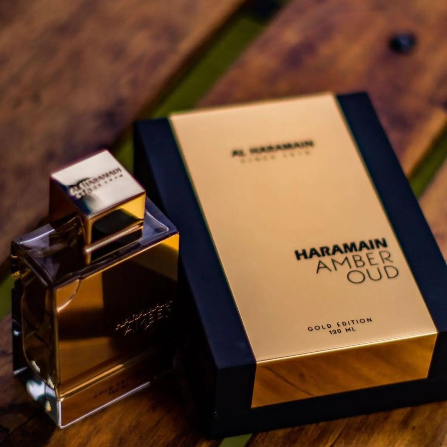 Al Haramain Amber Oud Gold Edition perfume bottle for men and women, 100ml, elegant gold and amber-colored packaging.