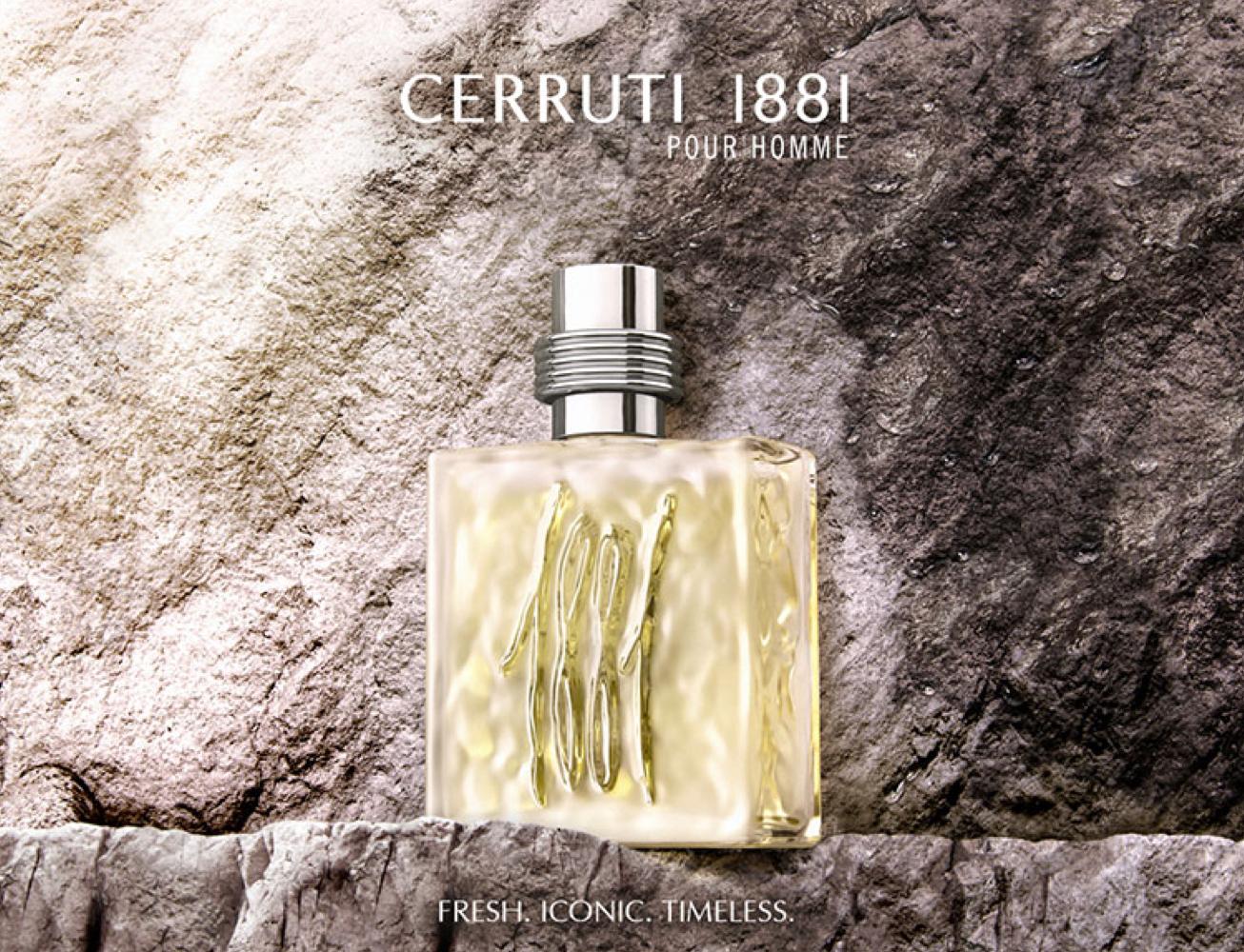 Cerruti 1881 Pour Homme Eau De Toilette 100ml bottle with sleek glass design and silver cap, set against a neutral background.