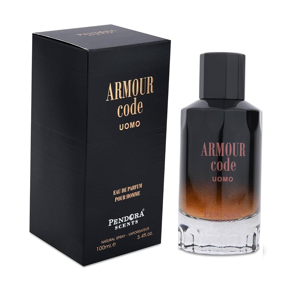 Pendora Scents Armour Code UOMO Eau De Parfum 100ml bottle for men and women, sleek black container with silver accents.