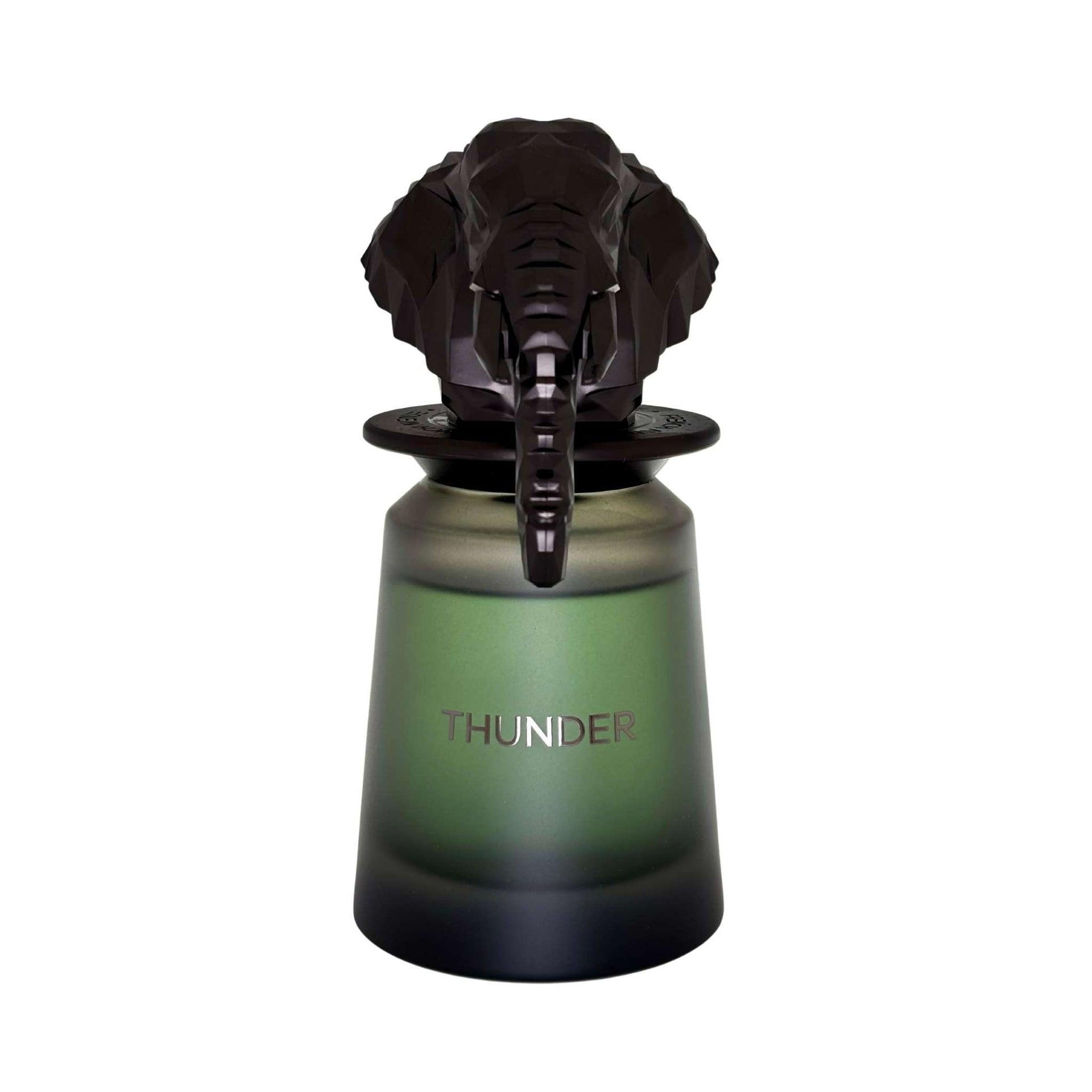 French Avenue Thunder Eau de Parfum for men, 100ml bottle, sleek glass design with silver cap, elegant and modern fragrance packaging.