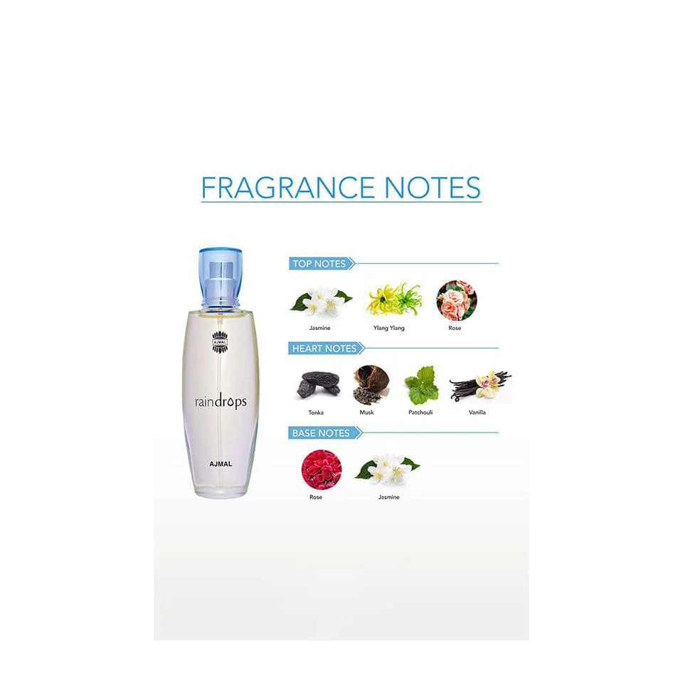 Ajmal Raindrops Eau De Parfum for Women 50ml bottle with elegant floral design and transparent glass.