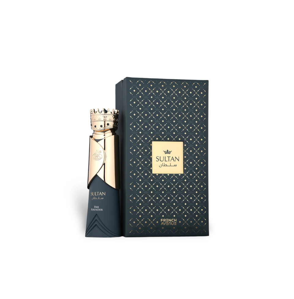 Fragrance World French Avenue Sultan The Founder Eau de Parfum for Men, 80ml bottle with elegant design and branding.