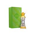 A decorative AJMAL MIZYAAN Concentrated Perfume Oil (Attar) 14ml bottle with gold and silver accents stands beside a green box with gold patterns, highlighting this exquisite unisex fragrance for men and women.