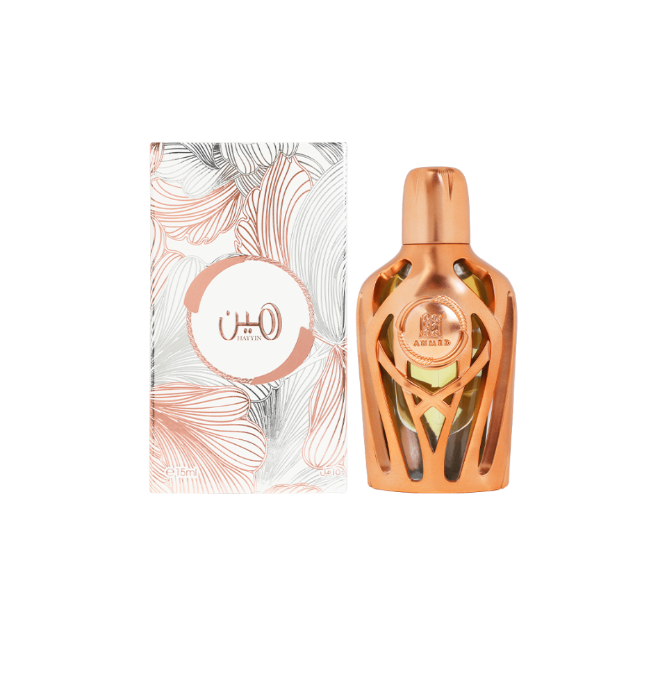 Ahmed Al Maghribi Hayyin concentrated perfume oil 15ml for men and women, showcasing the elegant glass bottle with the perfume inside.