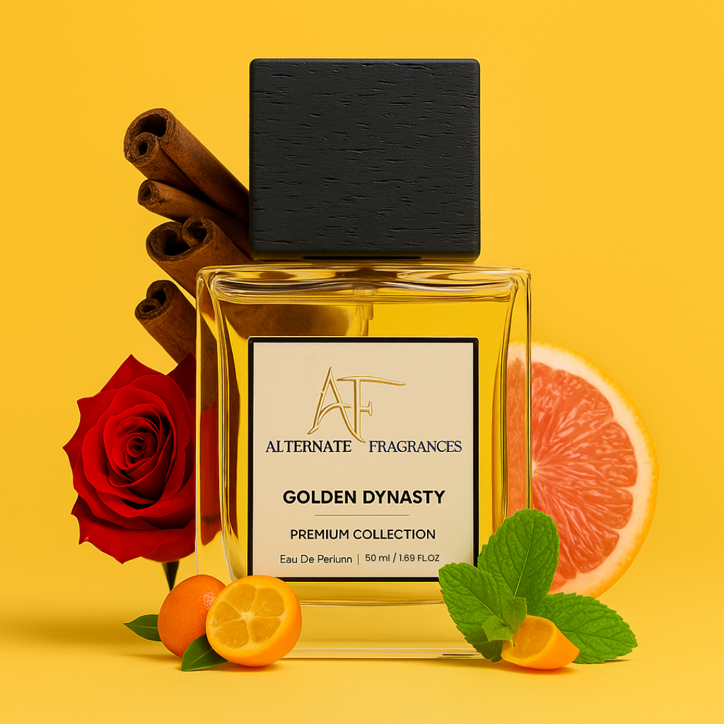 Golden Dynasty EDP by Rini Deals featuring a sleek, elegant perfume bottle with a golden finish and sophisticated design.