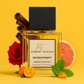 Golden Dynasty EDP by Rini Deals featuring a sleek, elegant perfume bottle with a golden finish and sophisticated design.