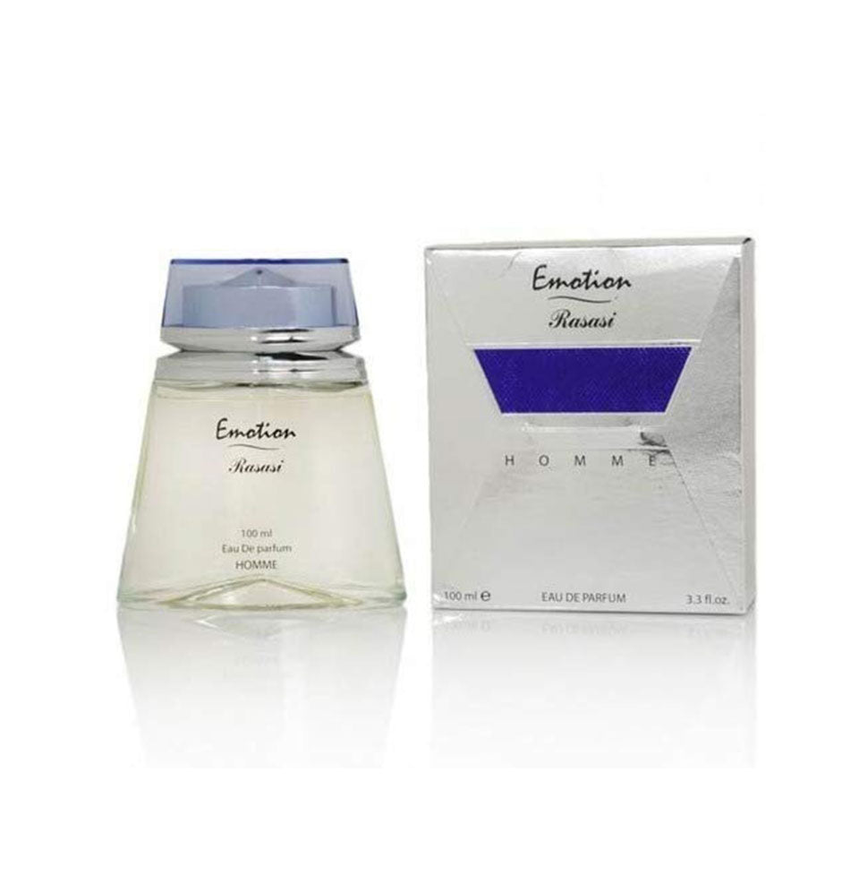 Rasasi Emotion Pour Homme Eau De Parfum 100ml for men, featuring a sleek glass bottle with a black cap and elegant design.