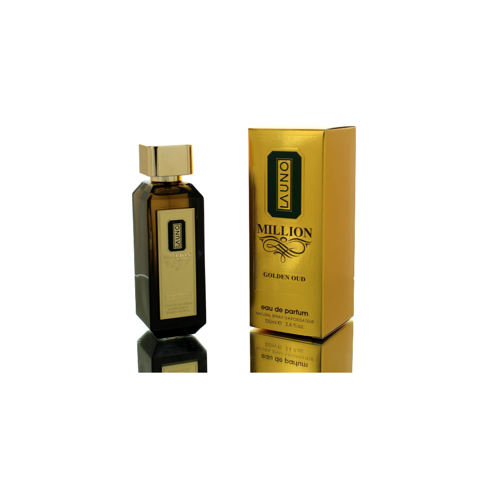 Fragrance World Launo Million Golden Oud Eau de Parfum for men, 100ml bottle with luxurious gold accents and elegant design