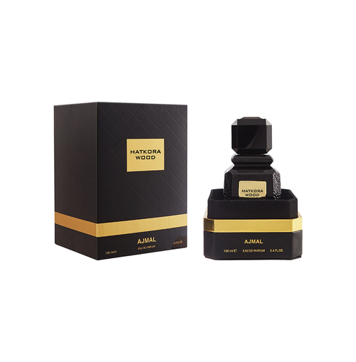 Ajmal Hatkora Wood Eau De Perfume 100ML for men and women with a sleek bottle and elegant label design.