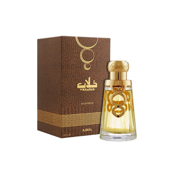 Ajmal Khallab Eau de Parfum bottle with floral and woody scent, suitable for men and women, displayed on a neutral background.