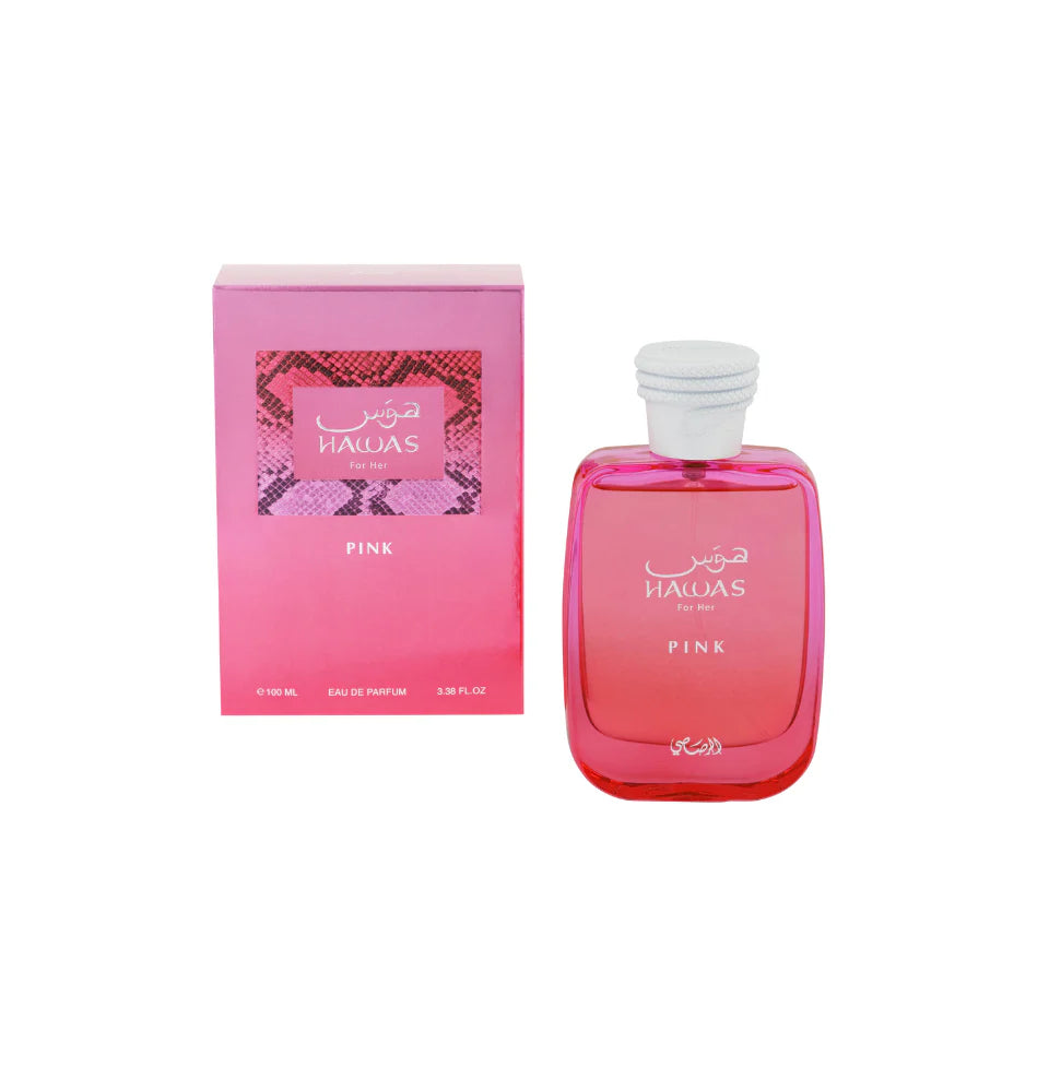 Rasasi Hawas Pink Eau De Parfum 100ml for women, featuring pink floral and fruity notes in a sleek perfume bottle.