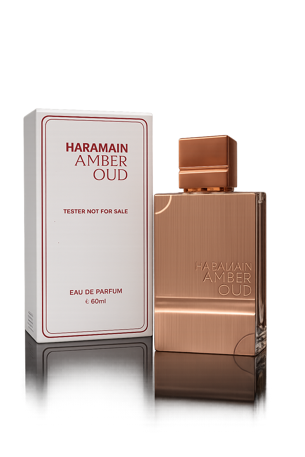 Al Haramain Amber Oud Eau De Parfum tester bottle with gold cap and amber-colored liquid, displayed on a plain background.