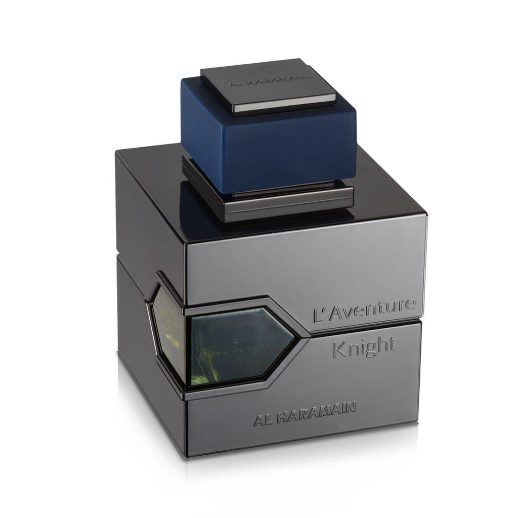 Al Haramain L'Aventure Knight 100ml men's EDP bottle with sleek design and dark cap, showcasing the fragrance packaging.